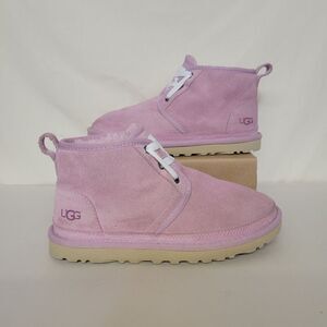 UGG Size 6/37 Neumel Women Suede Sheepskin Ankle Boots Lace-Up Lavender Pinkish
